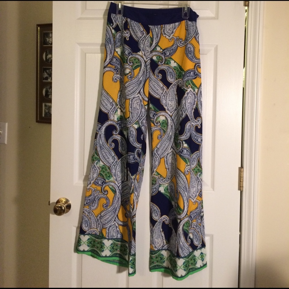 Jealous Tomato Wide Leg Paisley Print Pants in Navy, Yellow & Green